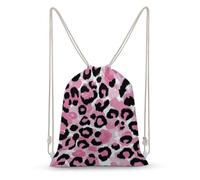 Jubonexis Leopard Print Black And Pink Drawstring Backpack Canvas String Bag Lightweight Sports Gym Bag for Men Women