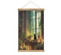 Jubonexis Library Black Cat Sits on Open Book Canvas Painting Wood Frames Poster Hanger Hanging Picture Kit Wall Art