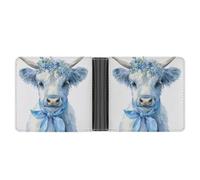 Jubonexis Light Blue Highland Cow with Bow Flowers Crown Soft PU Leather Bifold Wallet, Coin Purse Credit Pass Case, Durable Card-Holder Slim Billfold for Men Woman Money Storage