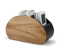 Jubonexis Light Oak Wooden Board Texture Remotes Control Holder with 5 Compartments Leather TV Remote Caddy Storage Box Desktop Organizer