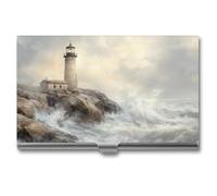 Jubonexis Lighthouse on The Rocky Coastline Vintage Business Card Holder, Pocket Slim Metal Business Card Case for Women Men