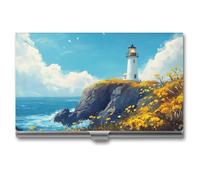 Jubonexis Lighthouse Rocky Coast Yellow Flowers Waves Business Card Holder, Pocket Slim Metal Business Card Case for Women Men