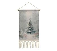 Jubonexis Linen Wall Tapestry,Christmas Tree in The Woods Vintage Wall Poster with Tassel And Wooden Hanging Rod