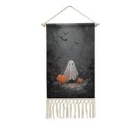 Jubonexis Linen Wall Tapestry,Cute Ghost And Pumpkin in The Woods Vintage Wall Hanging Poster with Tassel And Wooden Hanging Rod