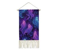 Jubonexis Linen Wall Tapestry,Cute Ghosts Neon Lights in Purple Blue Vintage Wall Hanging Poster with Tassel And Wooden Hanging Rod
