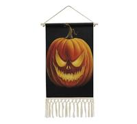Jubonexis Linen Wall Tapestry,Evil Hallween Pumpkin with Glowing Eyes Vintage Wall Poster with Tassel And Wooden Hanging Rod