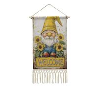 Jubonexis Linen Wall Tapestry,Gnome Sunflowers Yellow Hat Vintage Vintage Wall Hanging Poster with Tassel And Wooden Hanging Rod