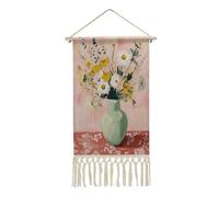 Jubonexis Linen Wall Tapestry,Light Green Ceramic Vase with Yellow Daisies Vintage Wall Hanging Poster with Tassel And Wooden Hanging Rod