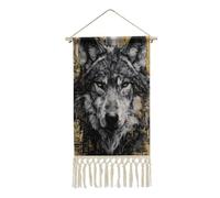 Jubonexis Linen Wall Tapestry,Majestic Wolf Black And Gold Vintage Wall Poster with Tassel And Wooden Hanging Rod