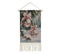 Jubonexis Linen Wall Tapestry,Pastel Pink Christmas Ornaments Evergreen Tree Vintage Wall Poster with Tassel And Wooden Hanging Rod