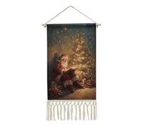 Jubonexis Linen Wall Tapestry,Santa Claus Reading by The Christmas Tree Vintage Wall Hanging Poster with Tassel And Wooden Hanging Rod