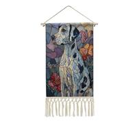 Jubonexis Linen Wall Tapestry,Stained Glass Dog Floral Vintage Wall Hanging Poster with Tassel And Wooden Hanging Rod