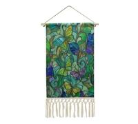 Jubonexis Linen Wall Tapestry,Stained Glass Lime Mint Green Butterflies Floral Vintage Wall Hanging Poster with Tassel And Wooden Hanging Rod