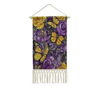 Jubonexis Linen Wall Tapestry,Stained Glass Yellow Butterflies Roses Floral Vintage Wall Hanging Poster with Tassel And Wooden Hanging Rod