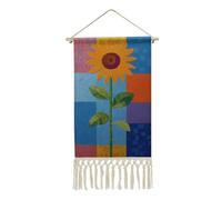 Jubonexis Linen Wall Tapestry,Tall Sunflower in Colour Block Vintage Wall Poster with Tassel And Wooden Hanging Rod