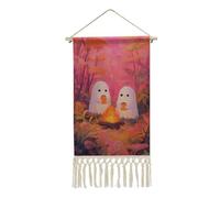 Jubonexis Linen Wall Tapestry,Two Cute White Ghosts in The Woods Vintage Wall Poster with Tassel And Wooden Hanging Rod