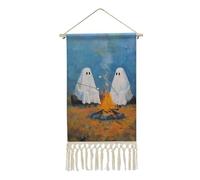 Jubonexis Linen Wall Tapestry,Two Ghosts Sitting Campfire Roasting Vintage Vintage Wall Hanging Poster with Tassel And Wooden Hanging Rod