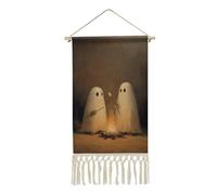 Jubonexis Linen Wall Tapestry,Two Ghosts Sitting Campfire Roasting Vintage Wall Hanging Poster with Tassel And Wooden Hanging Rod