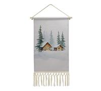 Jubonexis Linen Wall Tapestry,Two Small Log Cabins in The Snow Vintage Wall Poster with Tassel And Wooden Hanging Rod