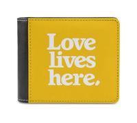 Jubonexis Love Lives Here on Yellow Soft PU Leather Bifold Wallet, Coin Purse Credit Pass Case, Durable Card-Holder Slim Billfold for Men Woman Money Storage