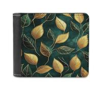 Jubonexis Luxurious Forest Green and Gold Leaf Pattern Soft PU Leather Bifold Wallet, Coin Purse Credit Pass Case, Durable Card-Holder Slim Billfold for Men Woman Money Storage