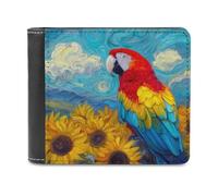 Jubonexis Macaw Parrot Field of Sunflowers Soft PU Leather Bifold Wallet, Coin Purse Credit Pass Case, Durable Card-Holder Slim Billfold for Men Woman Money Storage