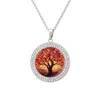 Jubonexis Majestic Autumn Tree Round Pendant Necklace Silver Jewelry for Women