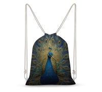 Jubonexis Majestic Peacock with Gold And Blue Feathers Drawstring Backpack Canvas String Bag Lightweight Sports Gym Bag for Men Women