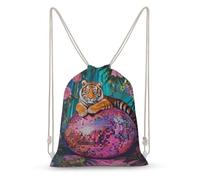Jubonexis Majestic Tiger on Pink Disco Ball Drawstring Backpack Canvas String Bag Lightweight Sports Gym Bag for Men Women