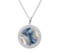 Jubonexis Marble Texture White And Blue Abstract Round Pendant Necklace Silver Jewelry for Women