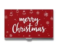 Jubonexis Merry Christmas Bells Snowflakes on Red Business Card Holder, Pocket Slim Metal Business Card Case for Women Men