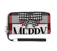 Jubonexis Merry Christmas Black White Checkered Bow PU Leather Clutch Long Bifold Wallet, Coin Purse Credit Pass Case, Durable Card-Holder Money Storage for Women Men