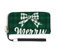 Jubonexis Merry Christmas on White Green Checkered PU Leather Clutch Long Bifold Wallet, Coin Purse Credit Pass Case, Durable Card-Holder Money Storage for Women Men