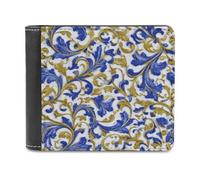 Jubonexis Metallic Gold Blue and White Pattern Soft PU Leather Bifold Wallet, Coin Purse Credit Pass Case, Durable Card-Holder Slim Billfold for Men Woman Money Storage