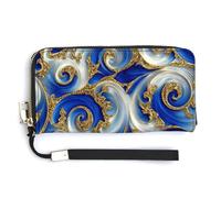 Jubonexis Metallic Gold Blue White Pattern PU Leather Clutch Long Bifold Wallet, Coin Purse Credit Pass Case, Durable Card-Holder Money Storage for Women Men
