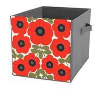 Jubonexis Mid-century Modern Red Flowers Folk Art Cube Storage Bins Storage Cubes Foldable Decorative Fabric Storage Baskets Home Organizers with Handles for Shelves,Closet, 27x27 CM