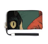 Jubonexis Minimal Cat Head Silhouette and Fish PU Leather Clutch Long Bifold Wallet, Coin Purse Credit Pass Case, Durable Card-Holder Money Storage for Women Men