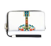 Jubonexis Minimal Guitar with Flower Simple PU Leather Clutch Long Bifold Wallet, Coin Purse Credit Pass Case, Durable Card-Holder Money Storage for Women Men