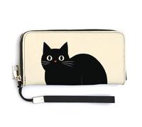 Jubonexis Minimalist Black Cat on Orange Ball PU Leather Clutch Long Bifold Wallet, Coin Purse Credit Pass Case, Durable Card-Holder Money Storage for Women Men