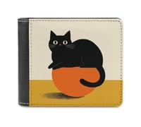 Jubonexis Minimalist Black Cat on Orange Ball Soft PU Leather Bifold Wallet, Coin Purse Credit Pass Case, Durable Card-Holder Slim Billfold for Men Woman Money Storage