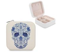 Jubonexis Minimalist Skull Illustration Flower Pattern Small Jewelry Box Jewelry Organizer Portable PU Leather Mini Travel Jewelry Case