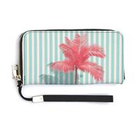 Jubonexis Minimalistic Pink Palm Mint Green Stripes PU Leather Clutch Long Bifold Wallet, Coin Purse Credit Pass Case, Durable Card-Holder Money Storage for Women Men
