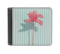 Jubonexis Minimalistic Pink Palm Mint Green Stripes Soft PU Leather Bifold Wallet, Coin Purse Credit Pass Case, Durable Card-Holder Slim Billfold for Men Woman Money Storage