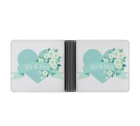 Jubonexis Mint Ribbon Heart Flowers Mr Mrs Text Soft PU Leather Bifold Wallet, Coin Purse Credit Pass Case, Durable Card-Holder Slim Billfold for Men Woman Money Storage