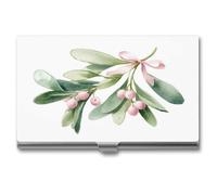 Jubonexis Mistletoe Sprigs Soft Green Leaves Pastel Pink Berries Business Card Holder, Pocket Slim Metal Business Card Case for Women Men