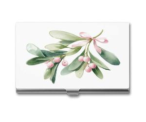 Jubonexis Mistletoe Sprigs Soft Green Leaves Pastel Pink Berries Business Card Holder, Pocket Slim Metal Business Card Case for Women Men