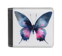Jubonexis Navy Blue and Pink Watercolor Butterfly Soft PU Leather Bifold Wallet, Coin Purse Credit Pass Case, Durable Card-Holder Slim Billfold for Men Woman Money Storage