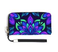 Jubonexis Neon Blue Purple Floral Geometric Shapes PU Leather Clutch Long Bifold Wallet, Coin Purse Credit Pass Case, Durable Card-Holder Money Storage for Women Men