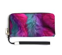 Jubonexis Neon Pink and Teal Fur Fusion PU Leather Clutch Long Bifold Wallet, Coin Purse Credit Pass Case, Durable Card-Holder Money Storage for Women Men