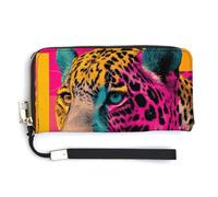 Jubonexis Neon Pop Art Leopard PU Leather Clutch Long Bifold Wallet, Coin Purse Credit Pass Case, Durable Card-Holder Money Storage for Women Men